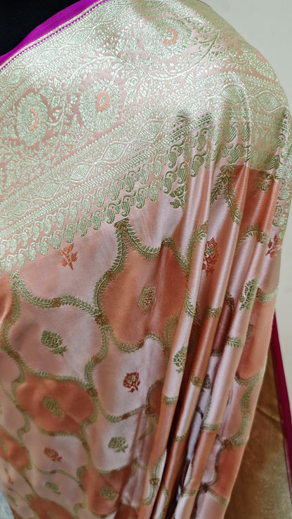 "Peach Pink Banarasi Mashru Katan Silk Saree