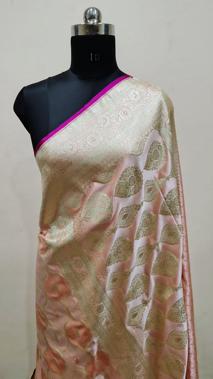 "Peach Pink Banarasi Mashru Katan Silk Saree