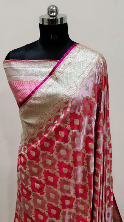 Dual Tone Pink-Red Banarasi Mashru Katan Silk Saree