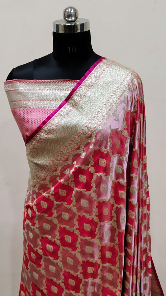 Dual Tone Pink-Red Banarasi Mashru Silk Saree