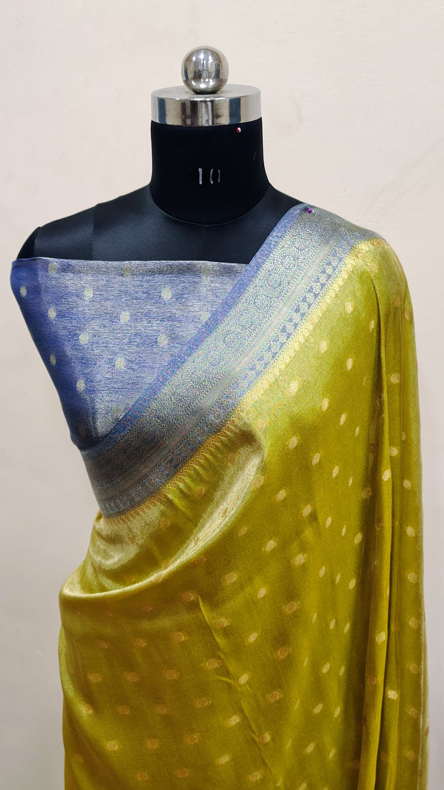 Olive Green with Royal Blue Pallu Banarasi Tissue Silk Saree