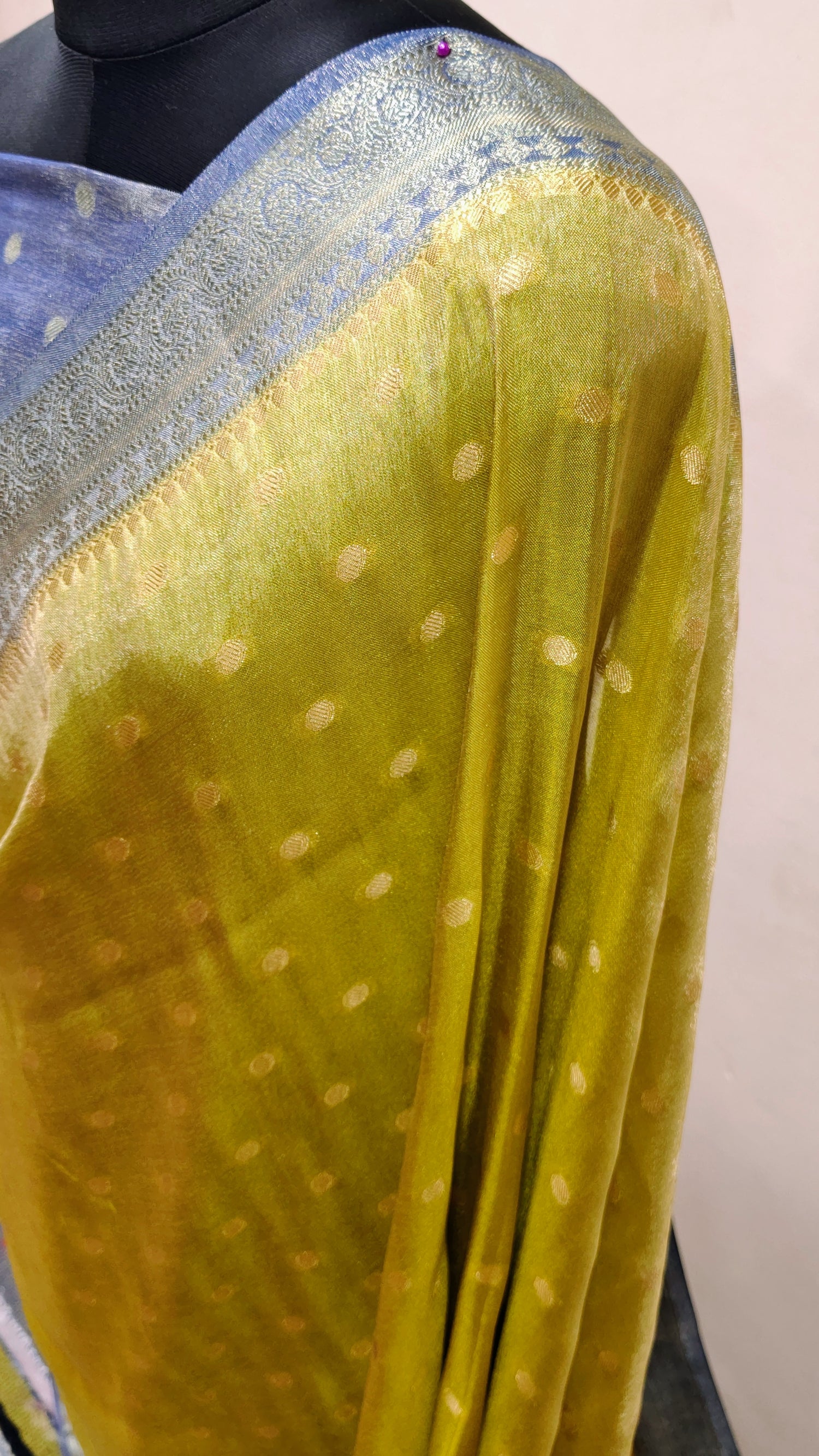 Olive Green with Royal Blue Pallu Banarasi Tissue Silk Saree