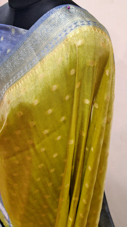 Olive Green with Royal Blue Pallu Banarasi Tissue Silk Saree