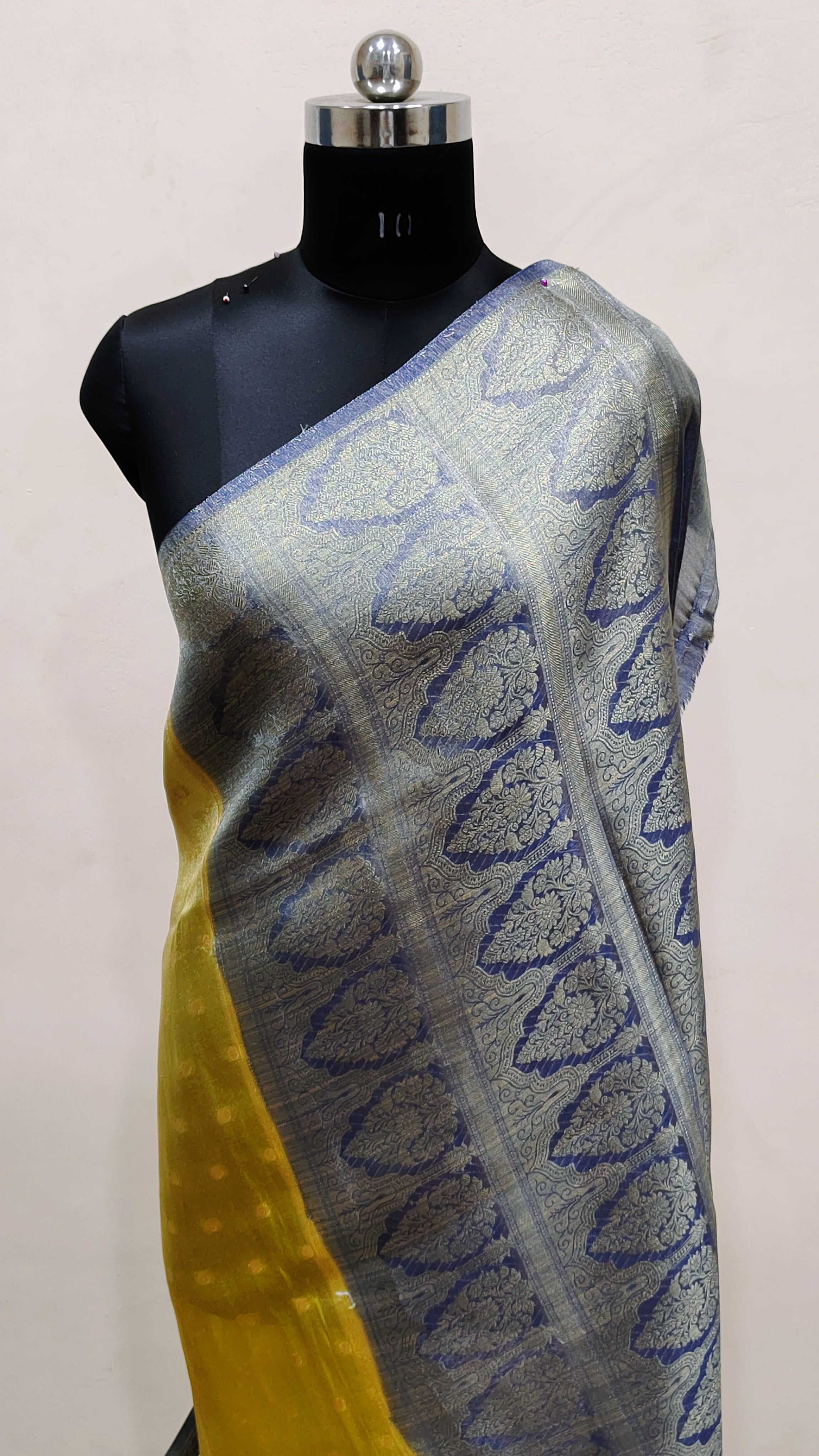 Olive Green with Royal Blue Pallu Banarasi Tissue Silk Saree