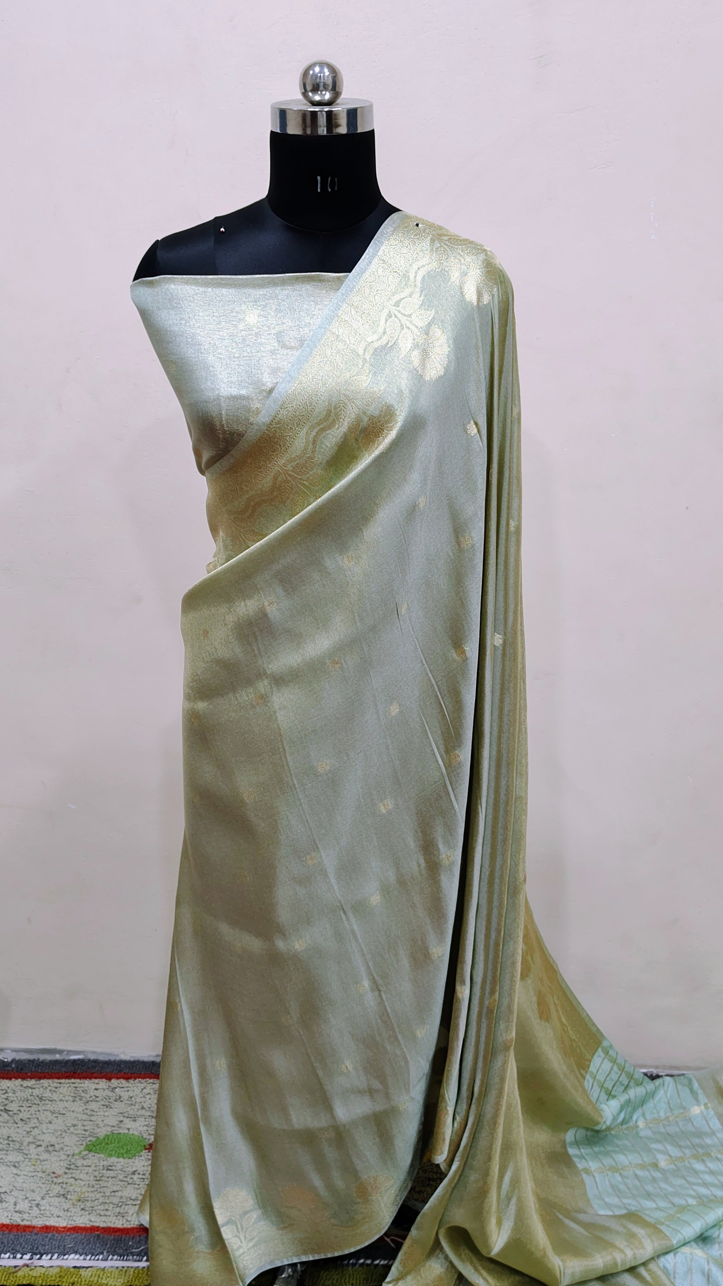 Pista Green with Subtle Gold Zari Work Banarasi Tissue Silk Saree