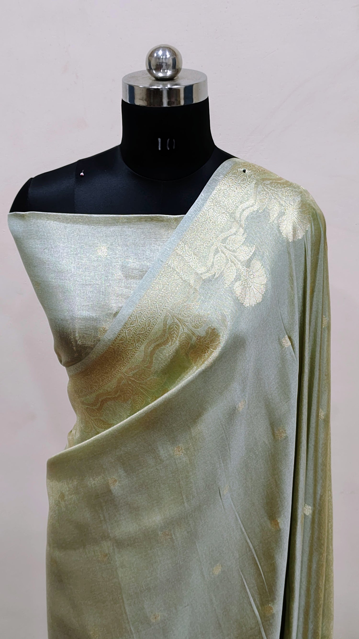 Pista Green with Subtle Gold Zari Work Banarasi Tissue Silk Saree