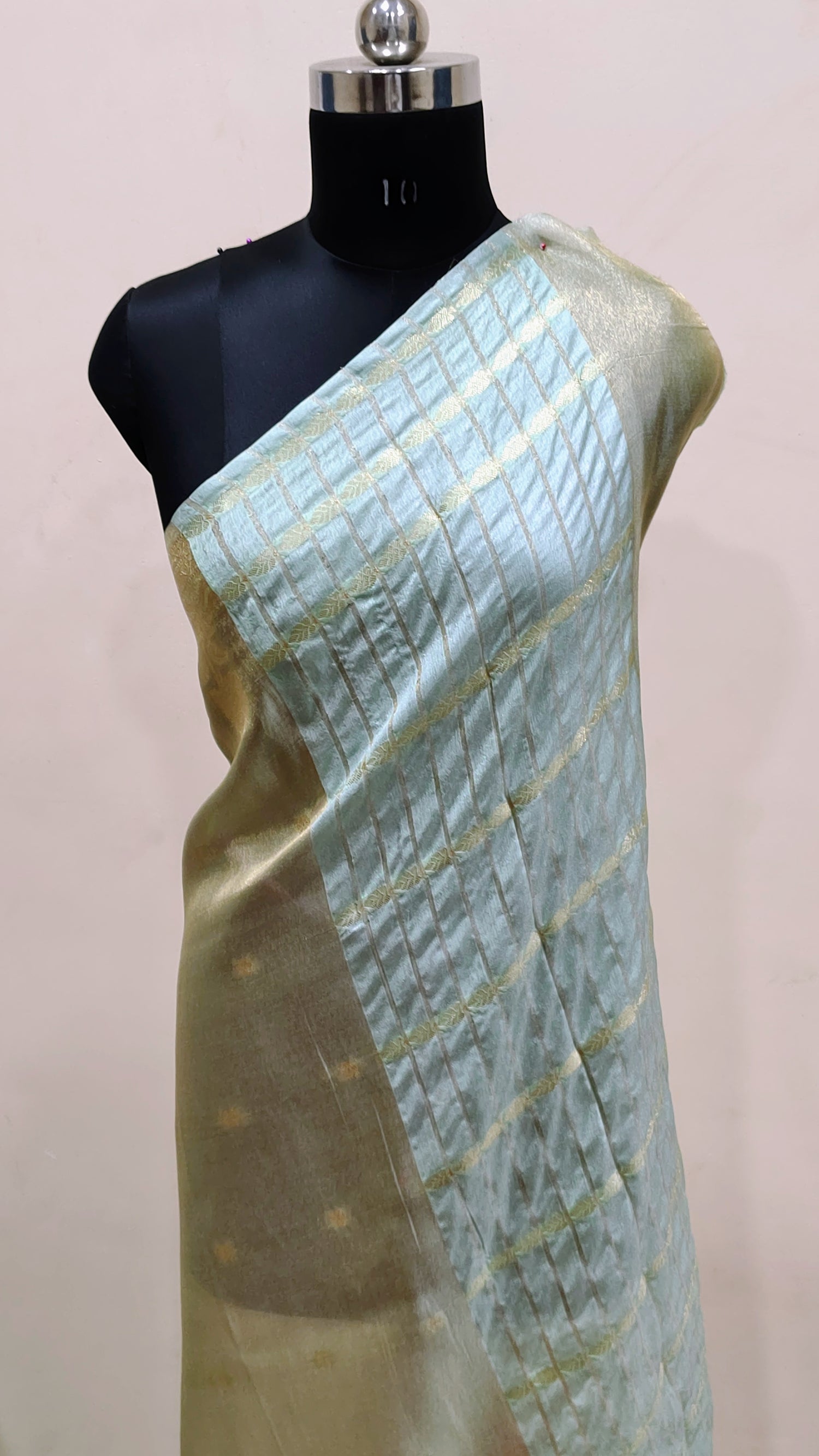Pista Green with Subtle Gold Zari Work Banarasi Tissue Silk Saree
