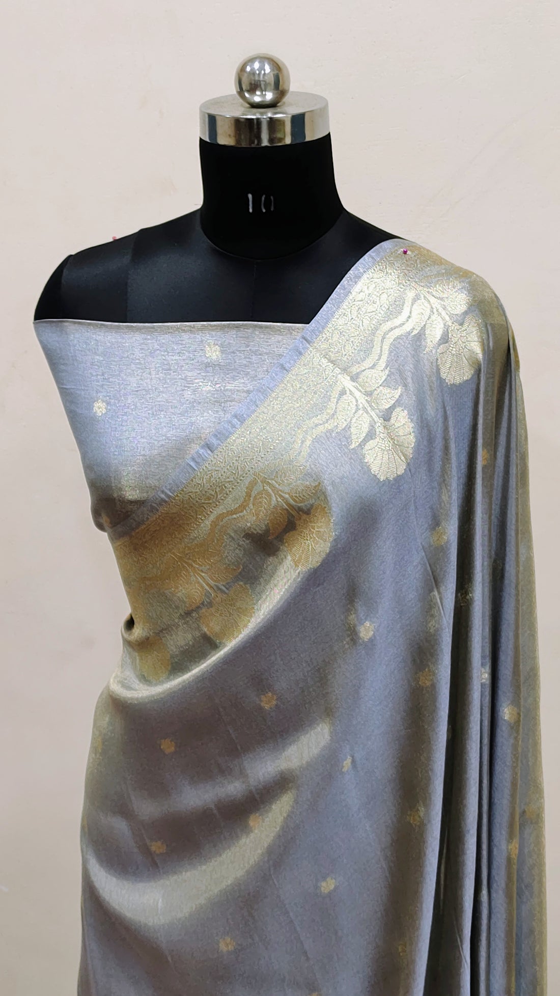 Steel Grey with Soft Gold Zari Work Banarasi Tissue Silk Saree