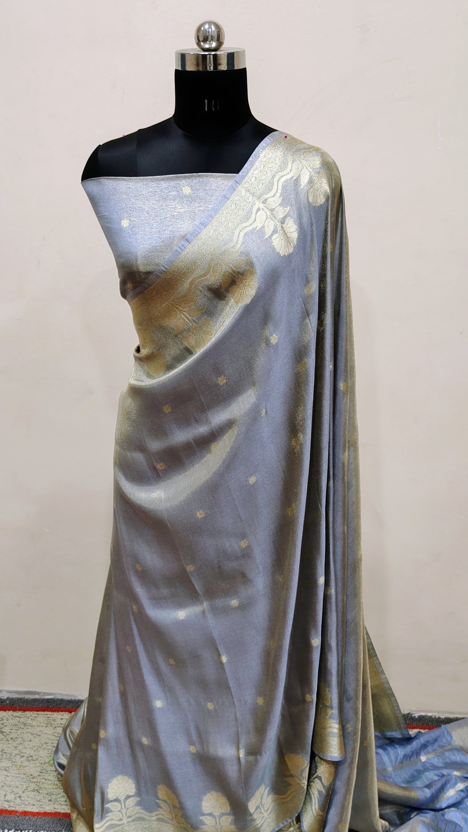 Steel Grey with Soft Gold Zari Work Banarasi Tissue Silk Saree