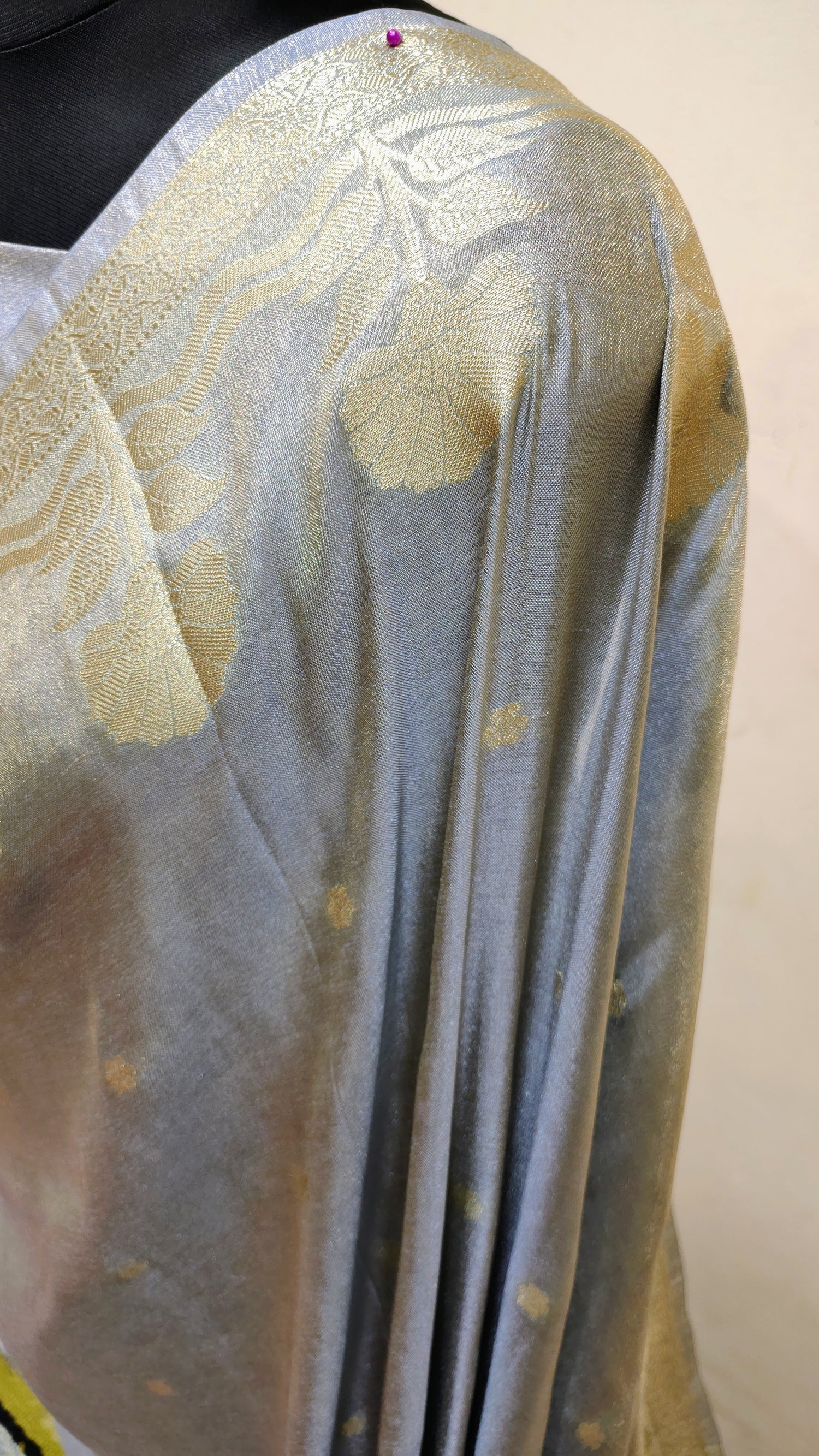 Steel Grey with Soft Gold Zari Work Banarasi Tissue Silk Saree