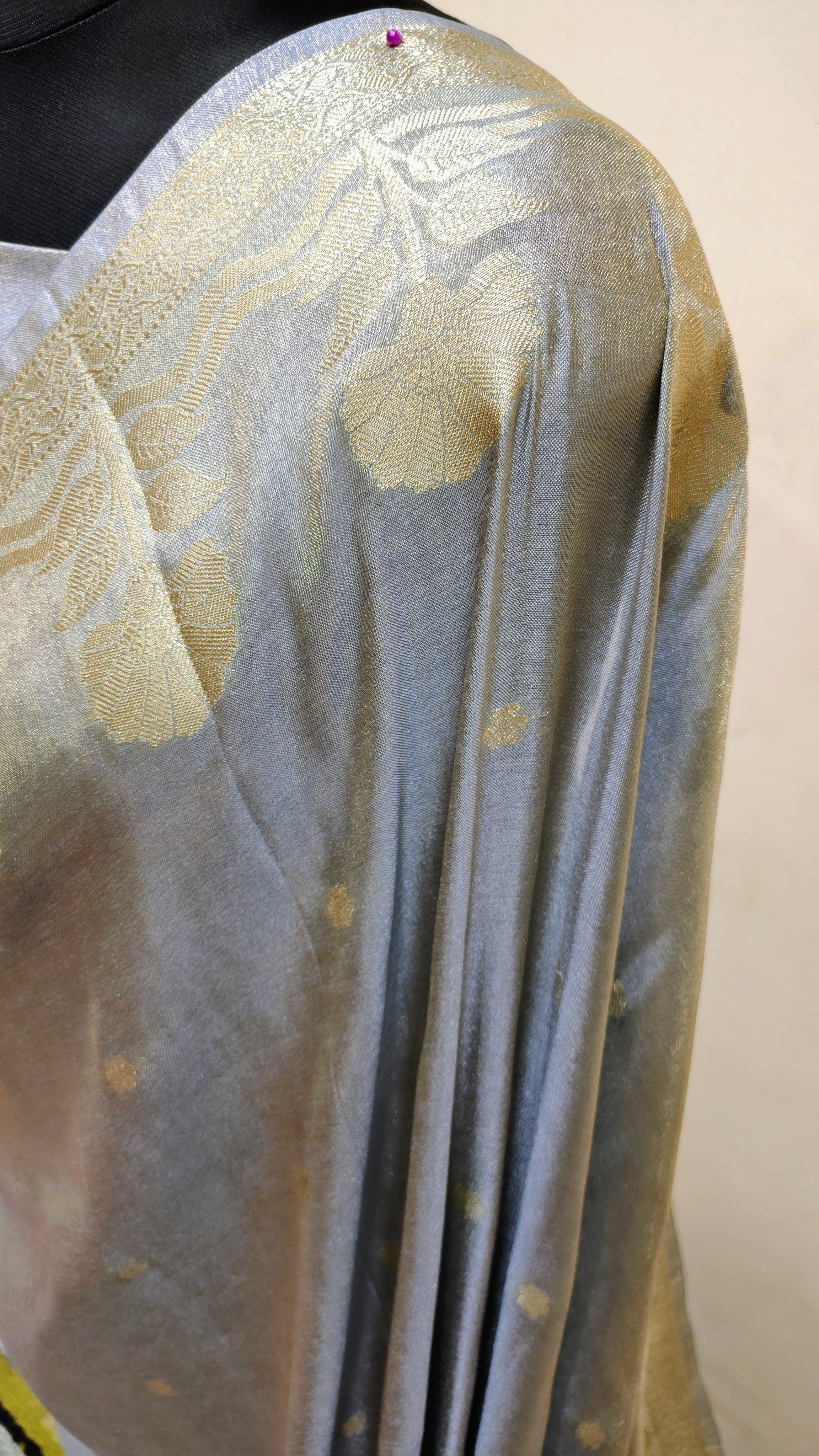 Steel Grey with Soft Gold Zari Work Banarasi Tissue Silk Saree