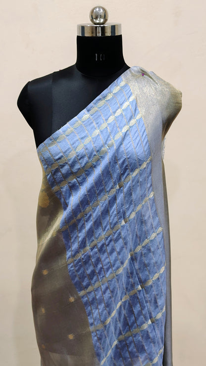 Steel Grey with Soft Gold Zari Work Banarasi Tissue Silk Saree