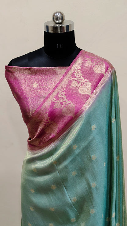 Pink &amp; Sea Green Dual Tone with Gold Zari Banarasi Tissue Silk Saree