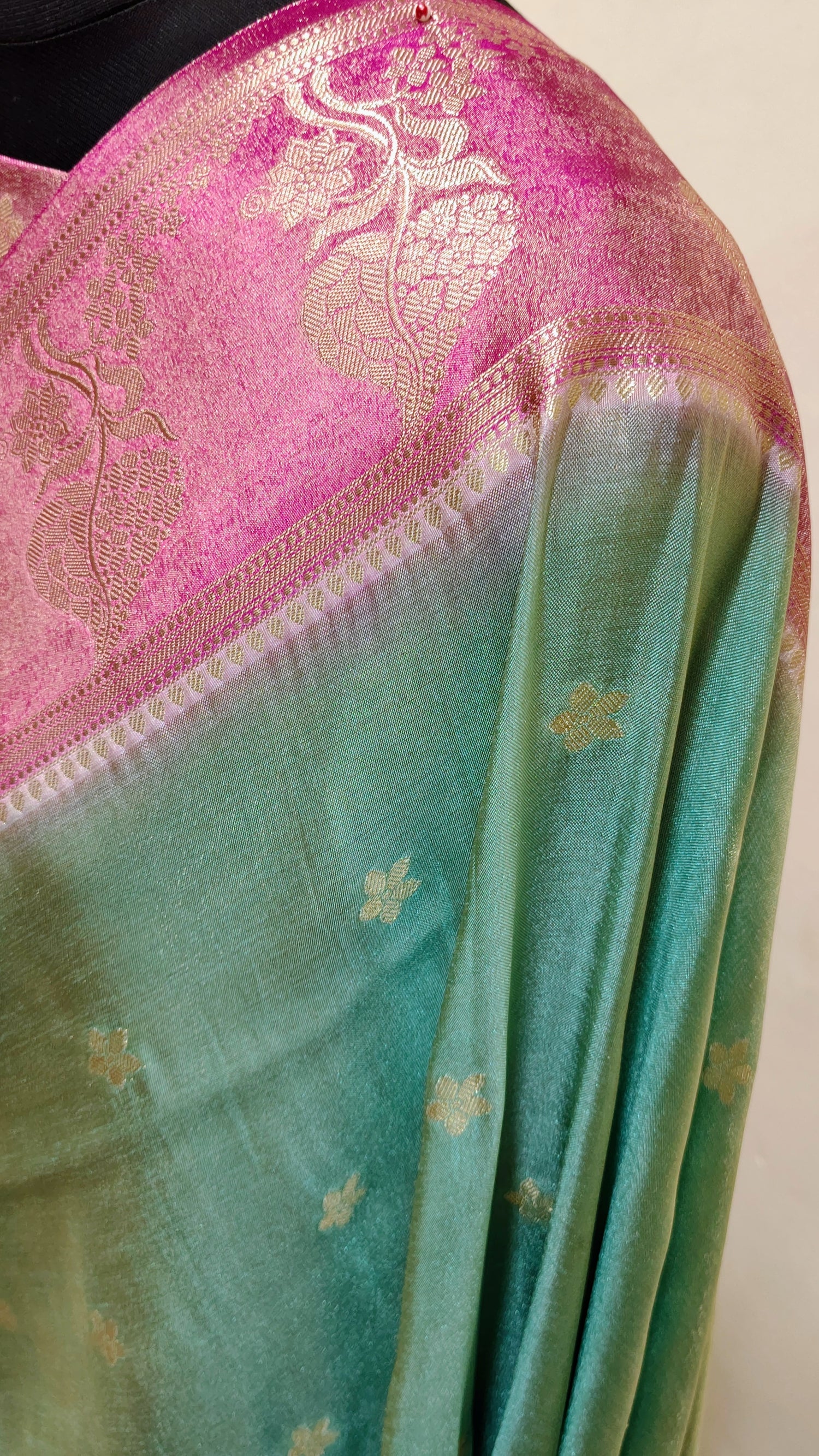 Pink &amp; Sea Green Dual Tone with Gold Zari Banarasi Tissue Silk Saree