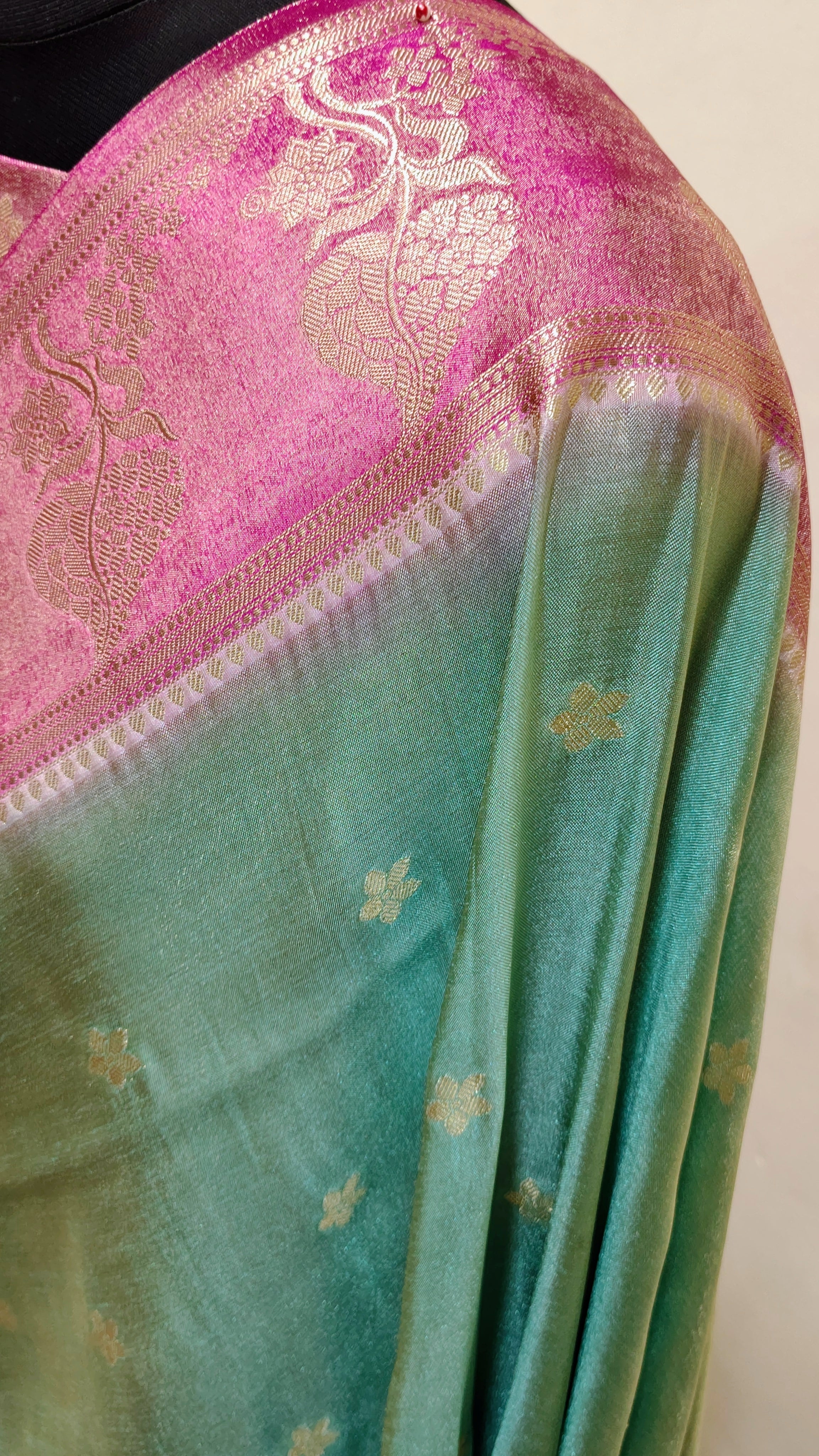 Pink &amp; Sea Green Dual Tone with Gold Zari Banarasi Tissue Silk Saree