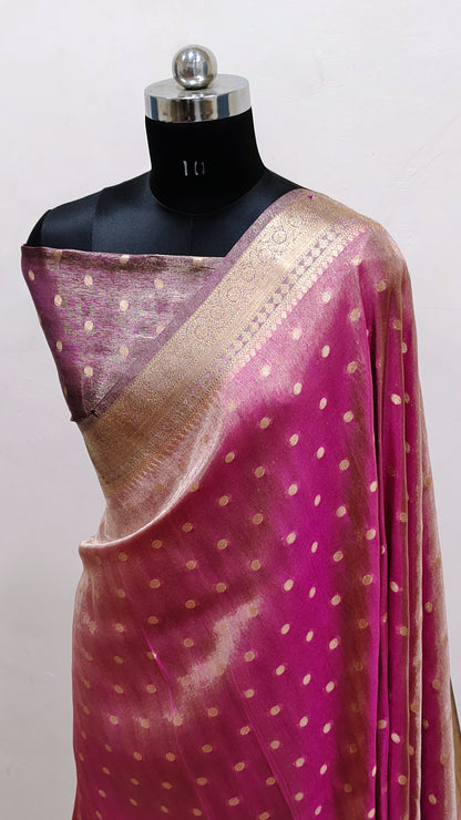 Magenta Pink with Gold Zari Polka Banarasi Tissue Silk Saree