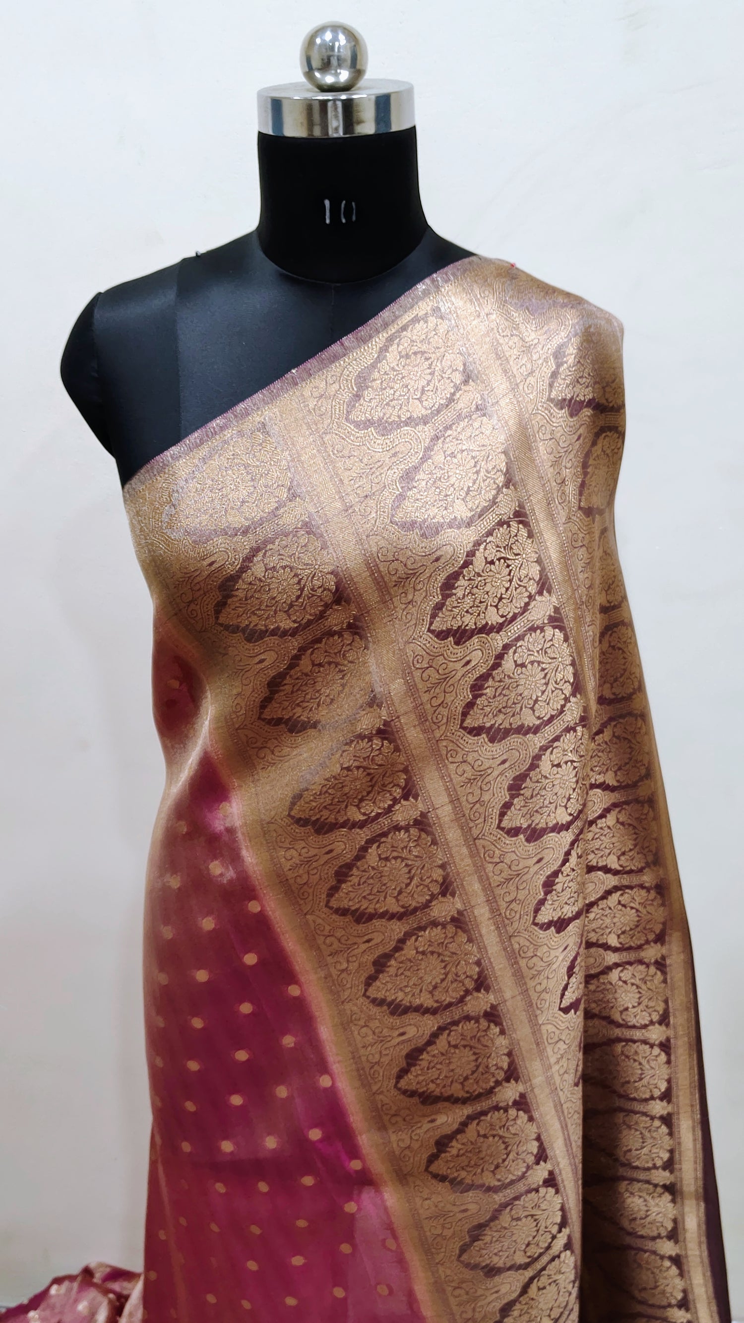 Magenta Pink with Gold Zari Polka Banarasi Tissue Silk Saree