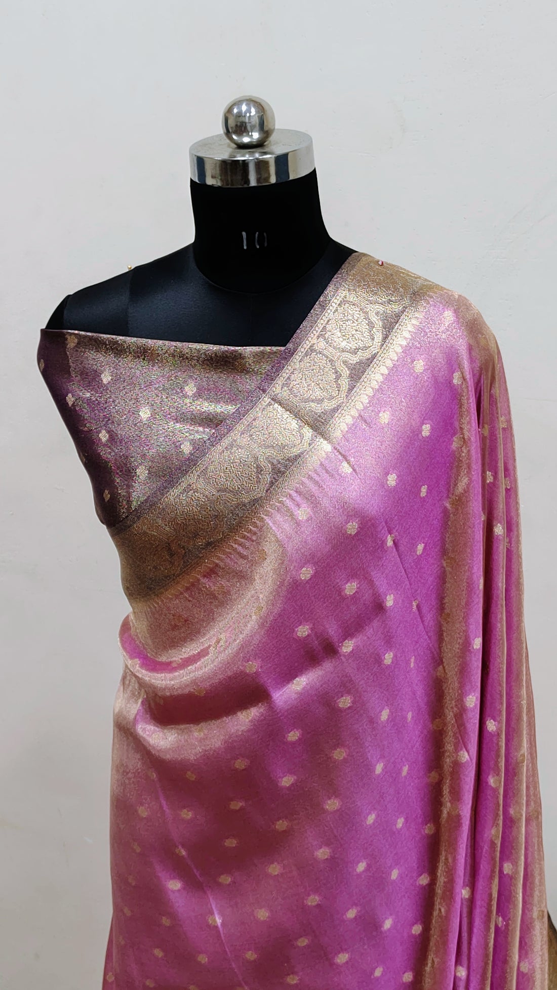 Magenta Pink with Gold Zari Polka Banarasi Tissue Silk Saree