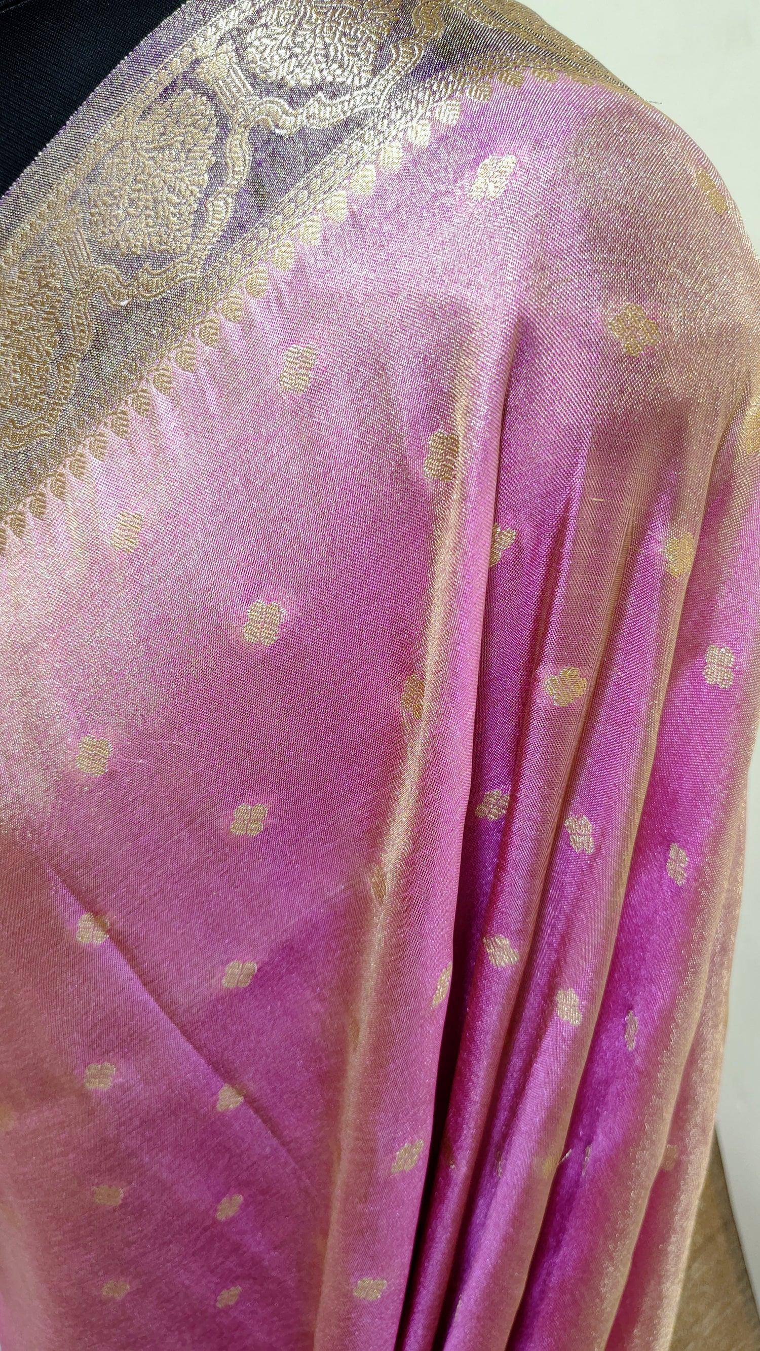 Rani Pink with Gold Zari Polka Banarasi Tissue Silk Saree