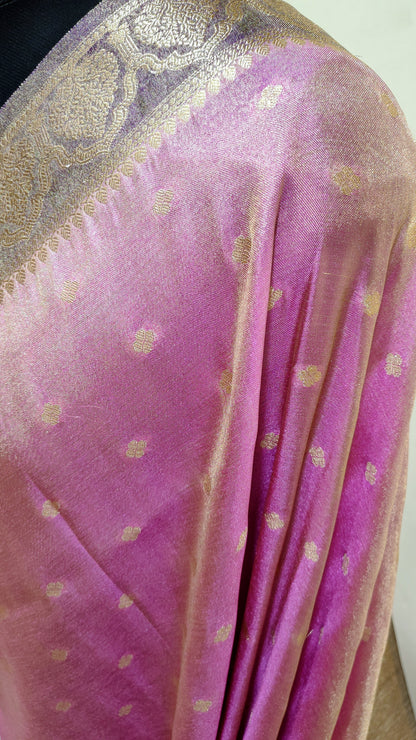 Rani Pink with Gold Zari Polka Banarasi Tissue Silk Saree