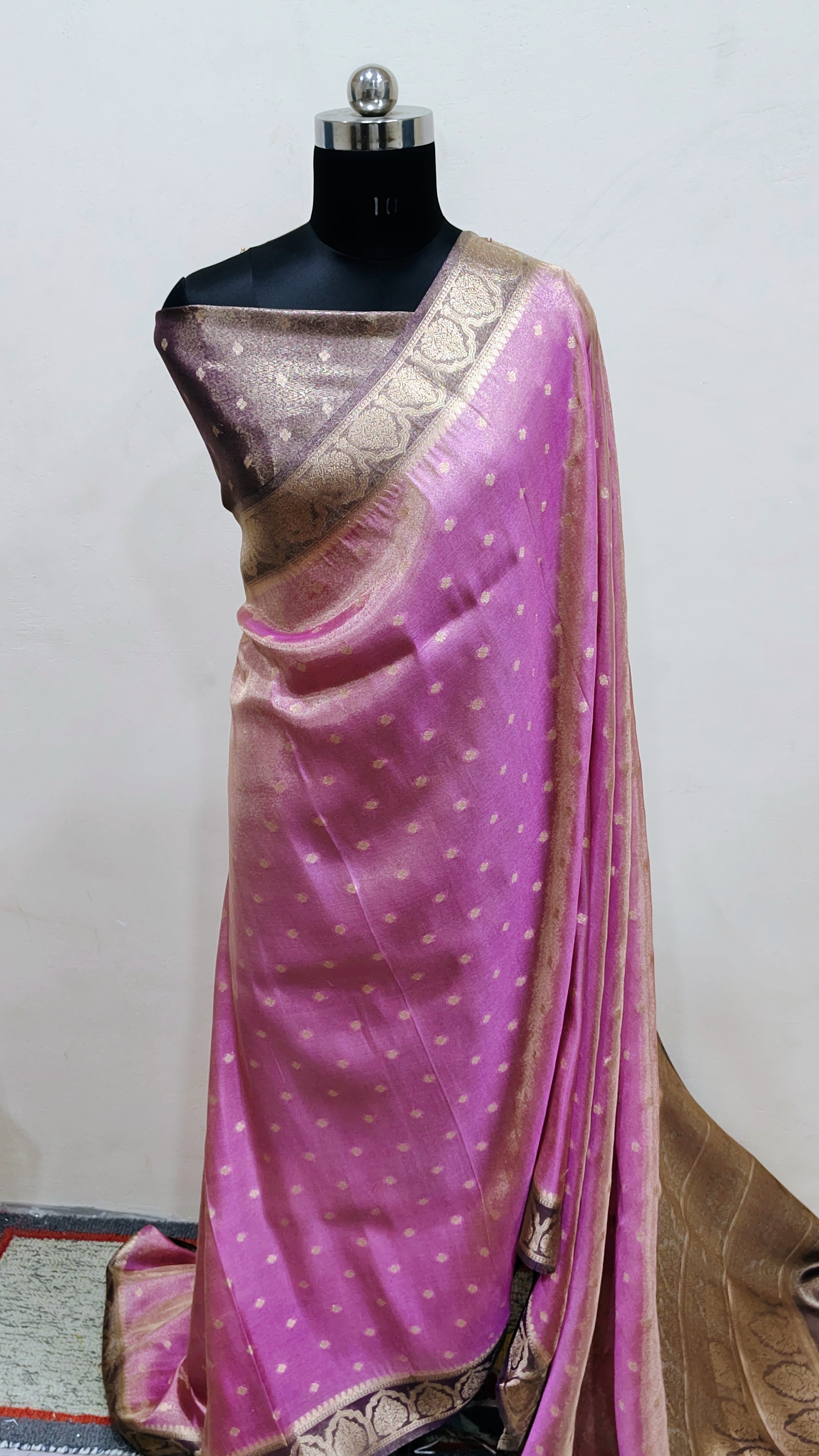 Rani Pink with Gold Zari Polka Banarasi Tissue Silk Saree