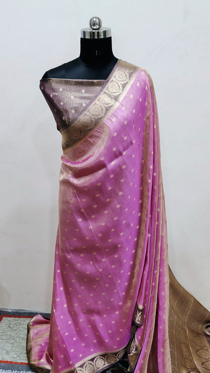 Rani Pink with Gold Zari Polka Banarasi Tissue Silk Saree