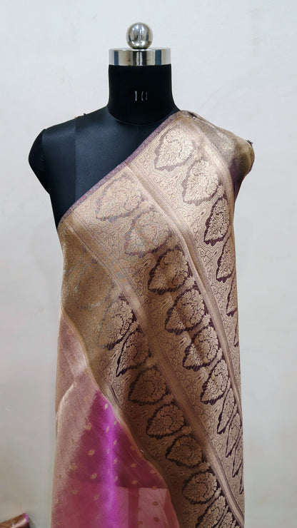 Rani Pink with Gold Zari Polka Banarasi Tissue Silk Saree