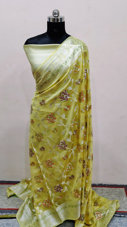 Lemon Yellow Banarasi Khaddi Georgette Saree