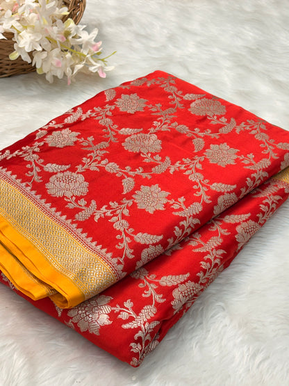 Red Pure Banarasi Mashru Katan Silk Saree