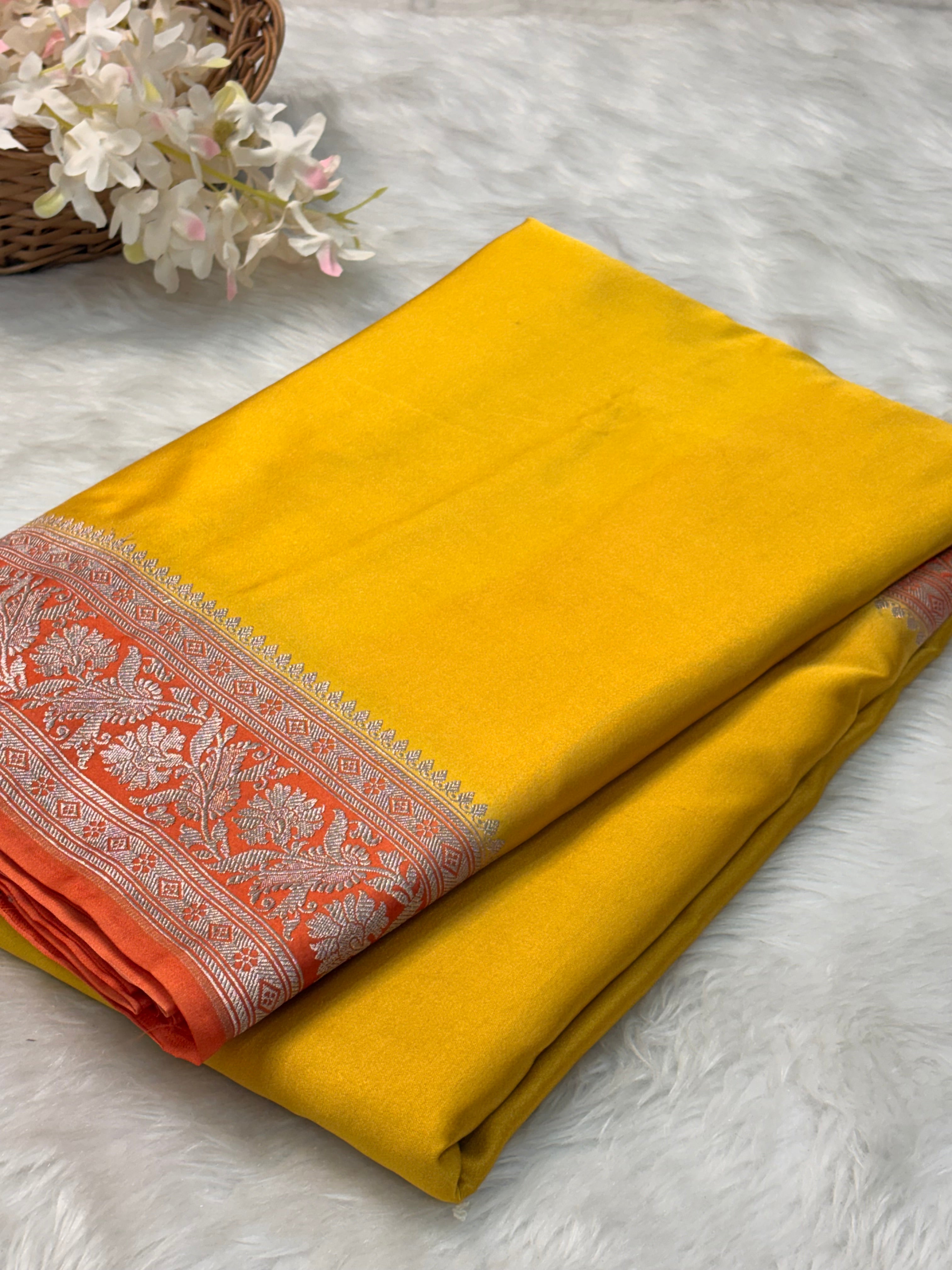 Yellow Pure Banarasi Mashru Katan Silk Saree