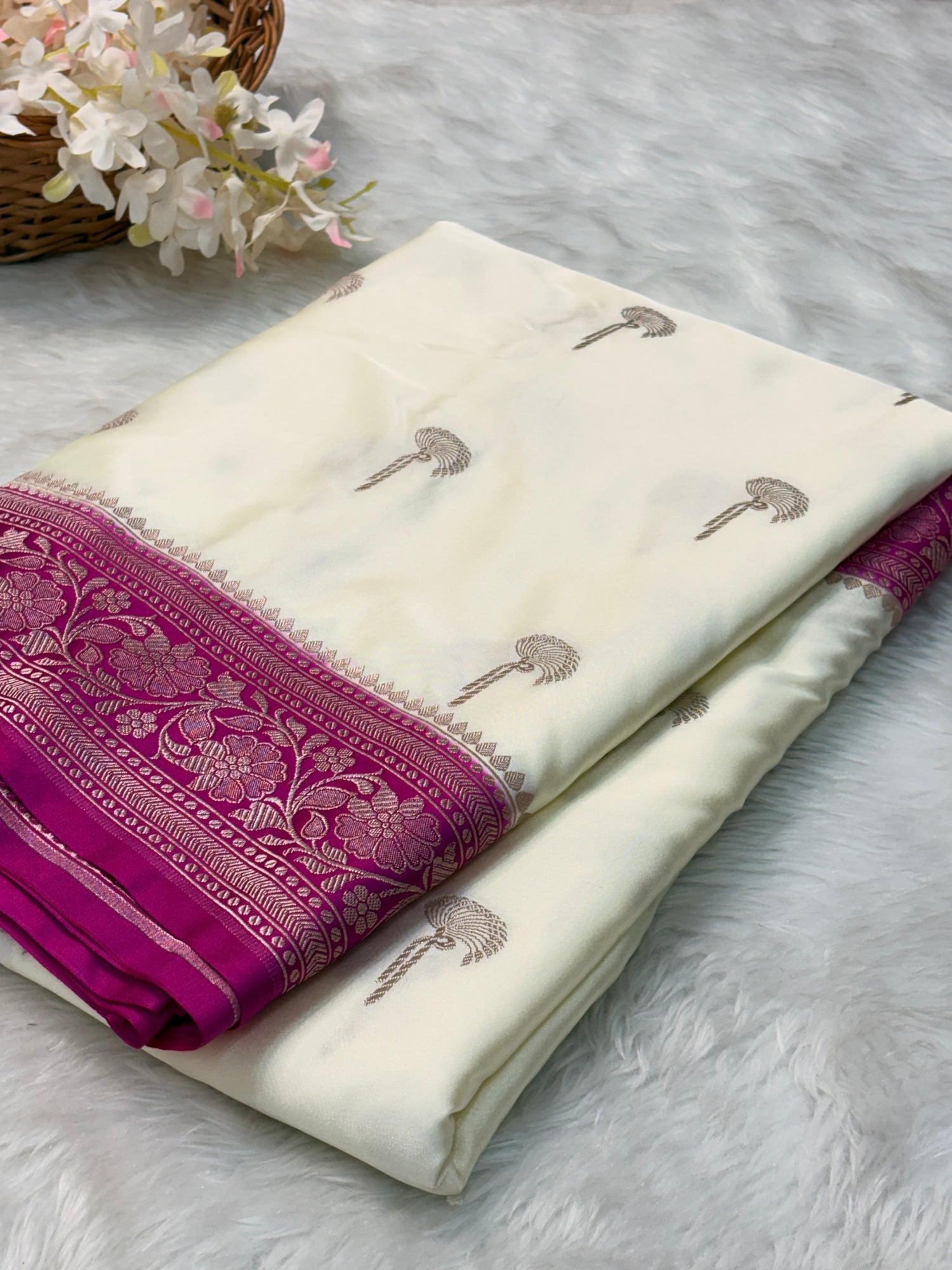 White Pure Banarasi Mashru Katan Silk Saree
