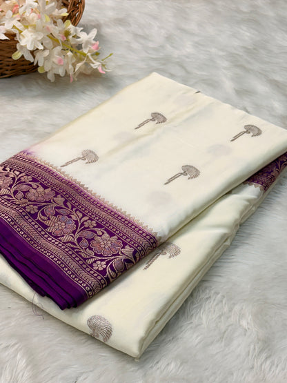 White Pure Banarasi Mashru Katan Silk Saree