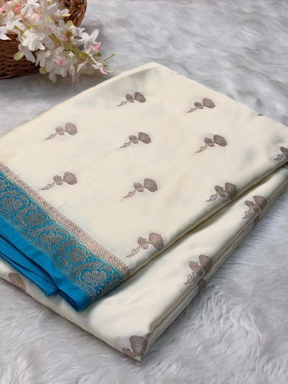 White Pure Banarasi Mashru Katan Silk Saree