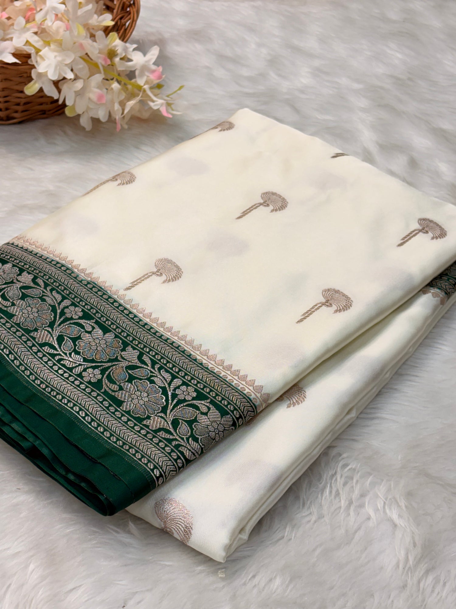 White Pure Banarasi Mashru Katan Silk Saree
