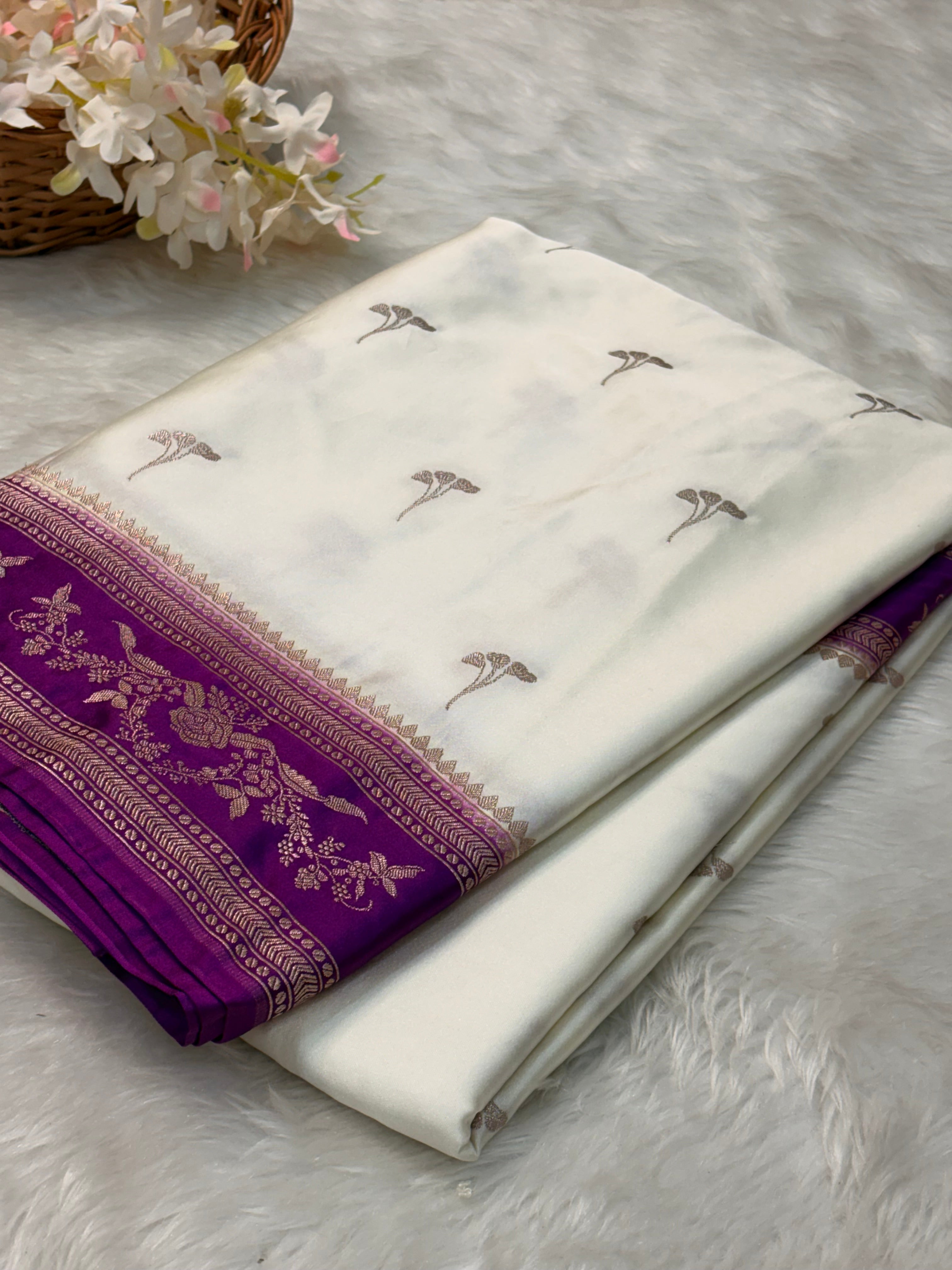 White Pure Banarasi Mashru Katan Silk Saree