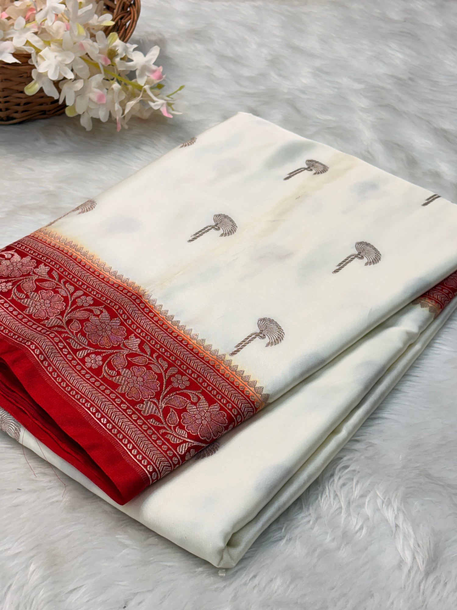 White Pure Banarasi Mashru Katan Silk Saree