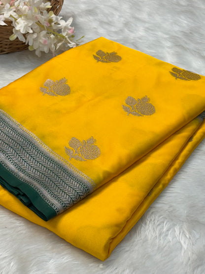 Yellow Pure Banarasi Mashru Silk Saree