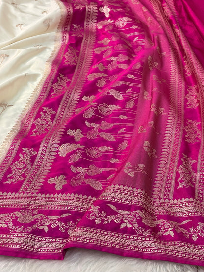 White Pure Banarasi Mashru Katan Silk Saree