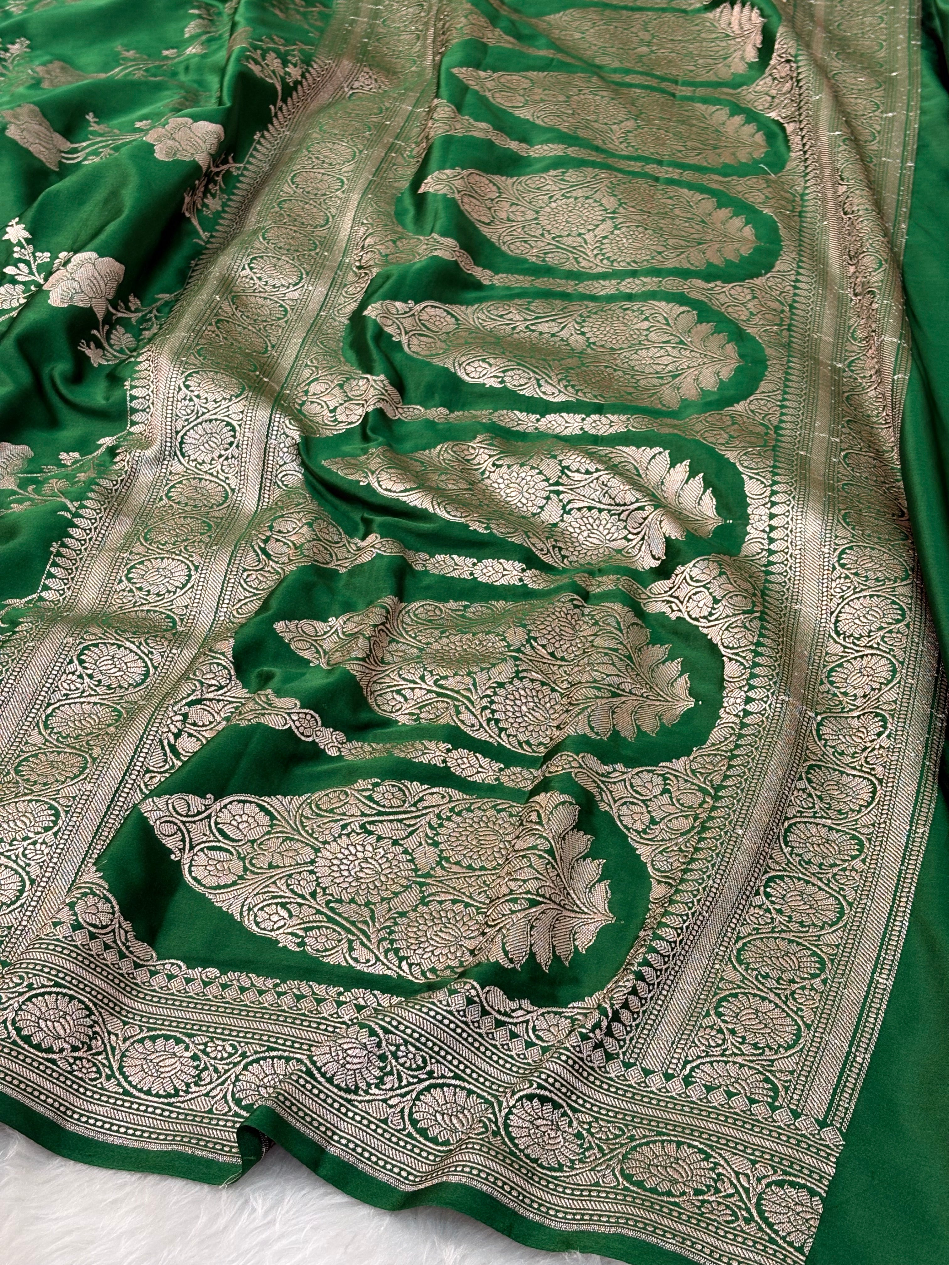 Bottle Green Pure Banarasi Mashru Katan Silk Saree