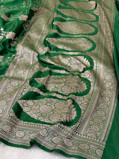 Bottle Green Pure Banarasi Mashru Katan Silk Saree