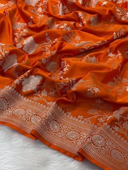 Orange Pure Banarasi Mashru Silk Saree