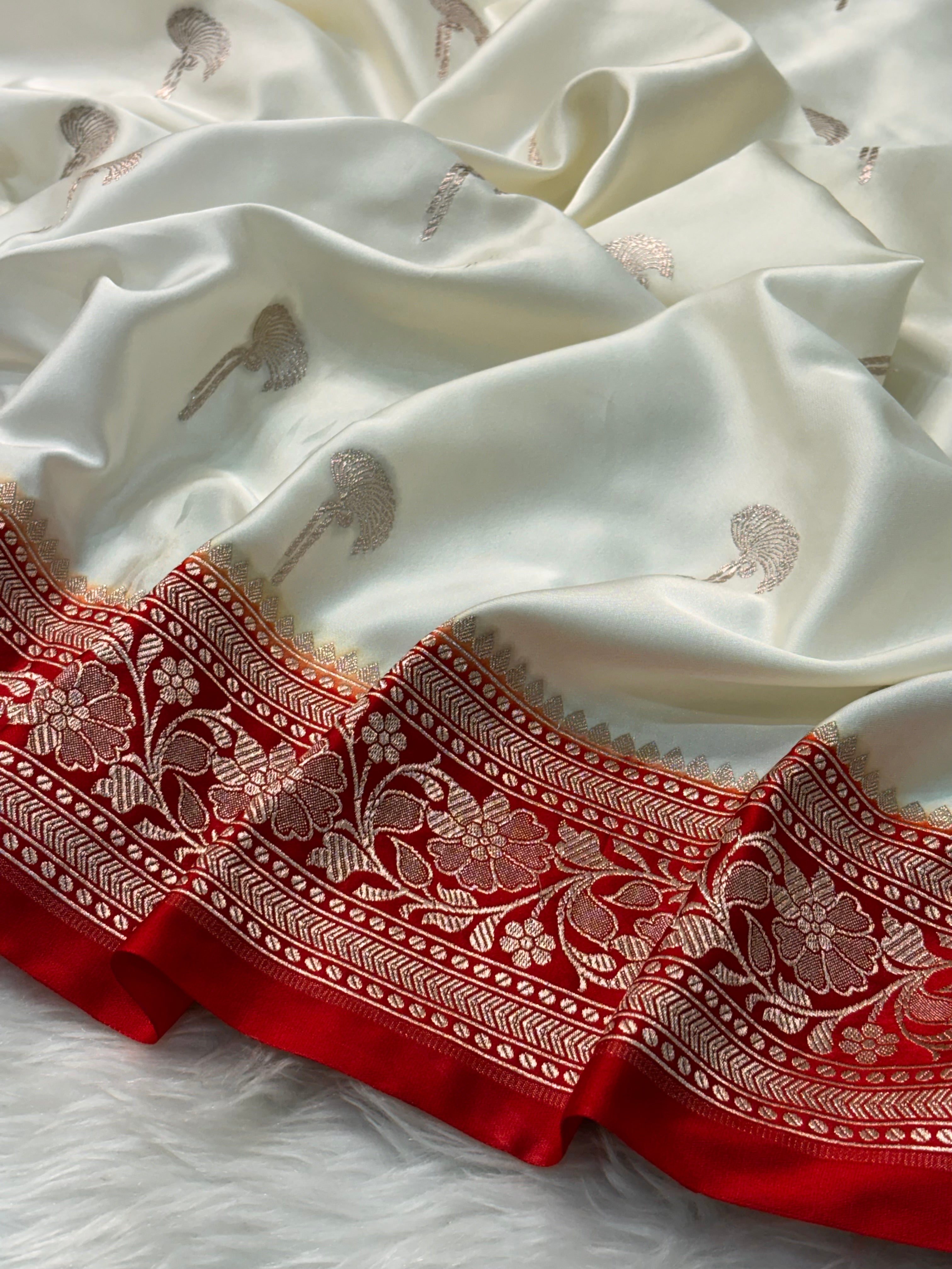 White Pure Banarasi Mashru Katan Silk Saree