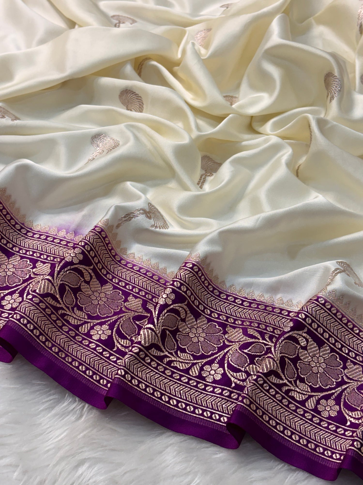 White Pure Banarasi Mashru Katan Silk Saree