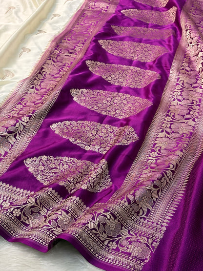 White Pure Banarasi Mashru Katan Silk Saree