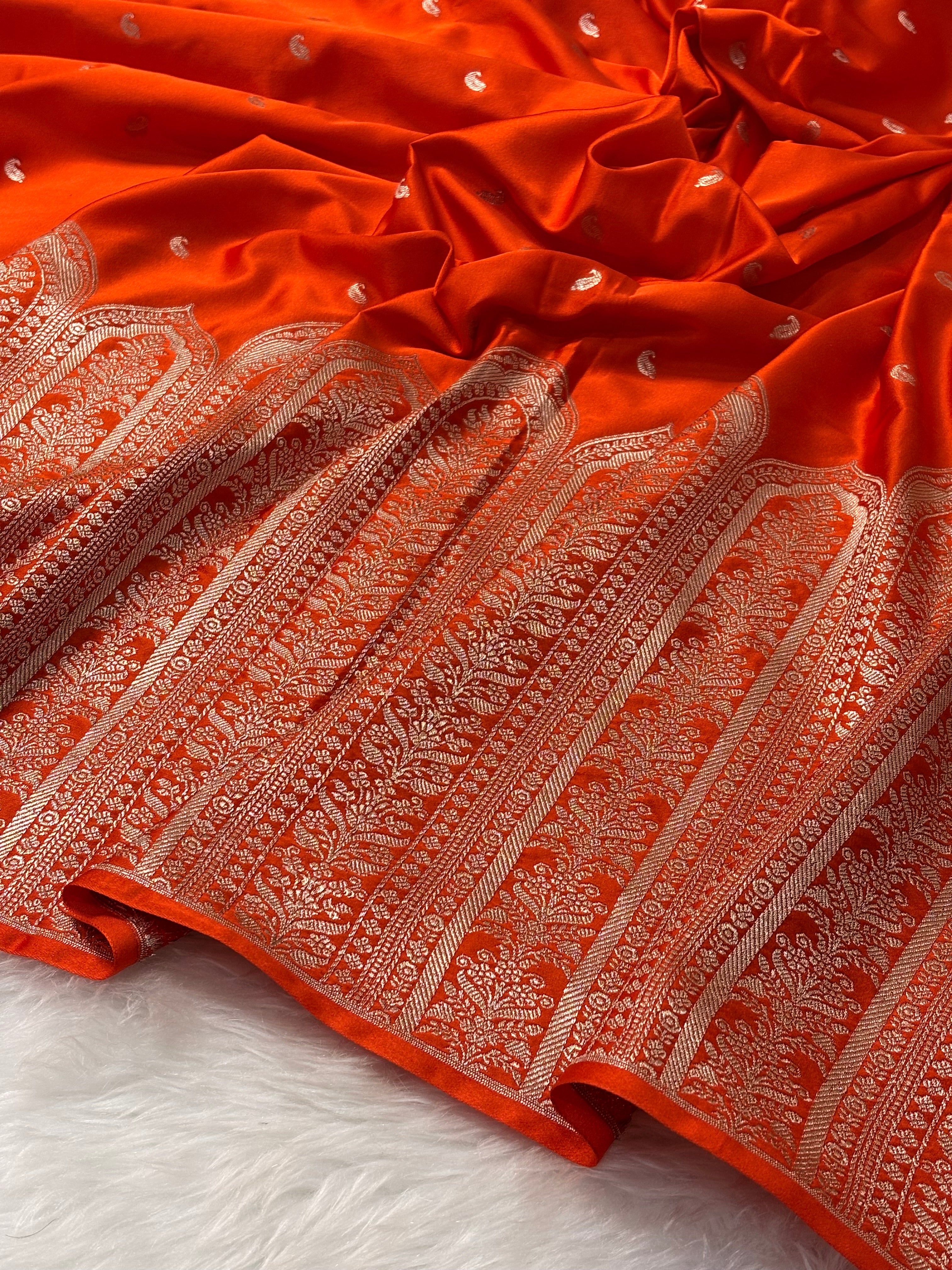 Orange Pure Banarasi Mashru Katan Silk Saree