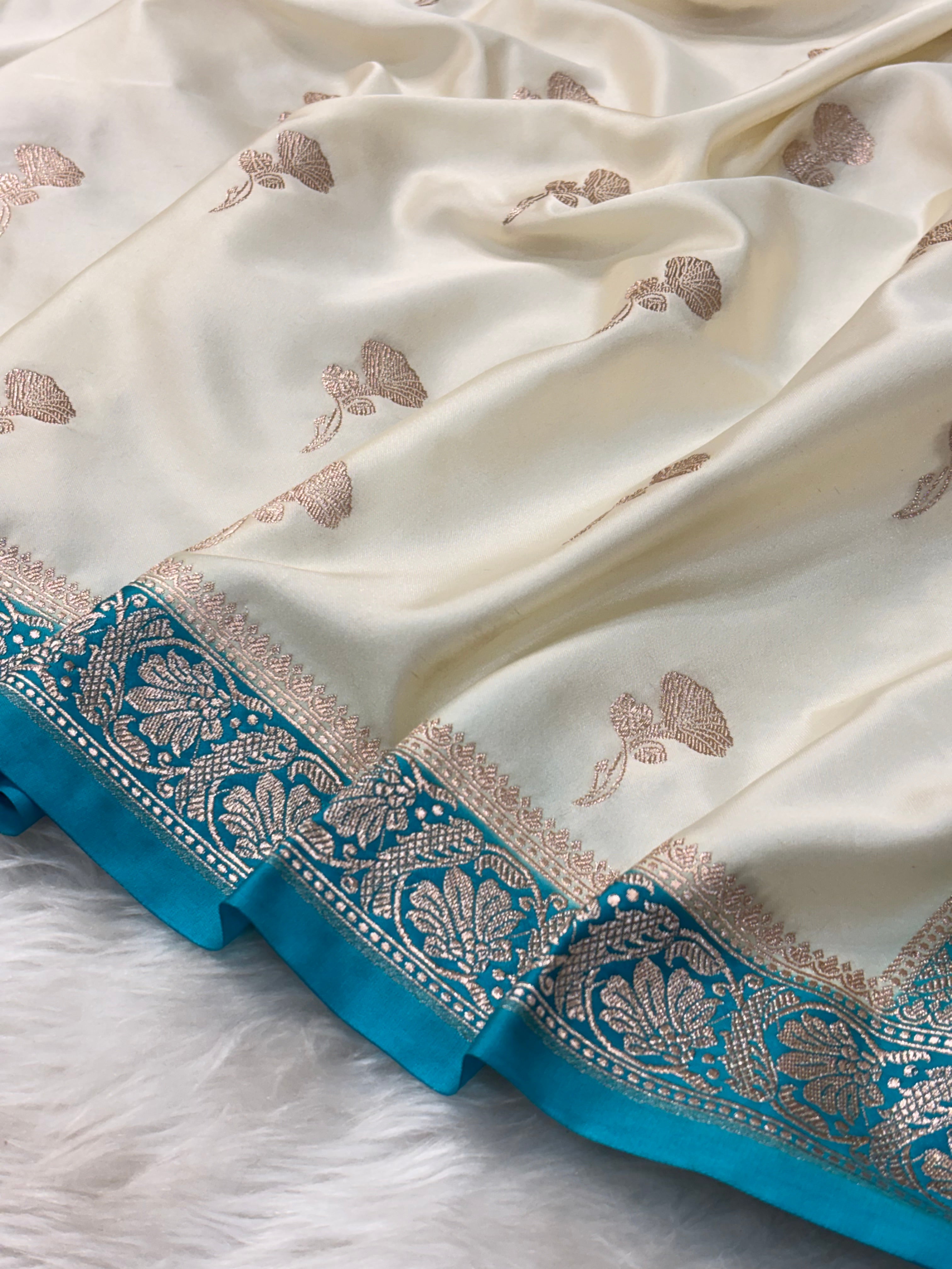 White Pure Banarasi Mashru Katan Silk Saree