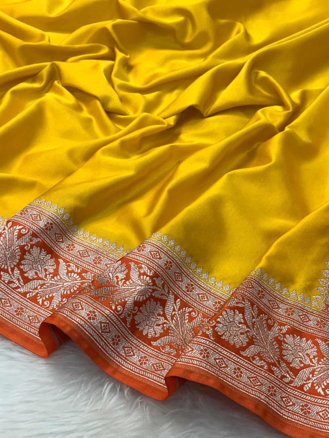 Yellow Pure Banarasi Mashru Katan Silk Saree
