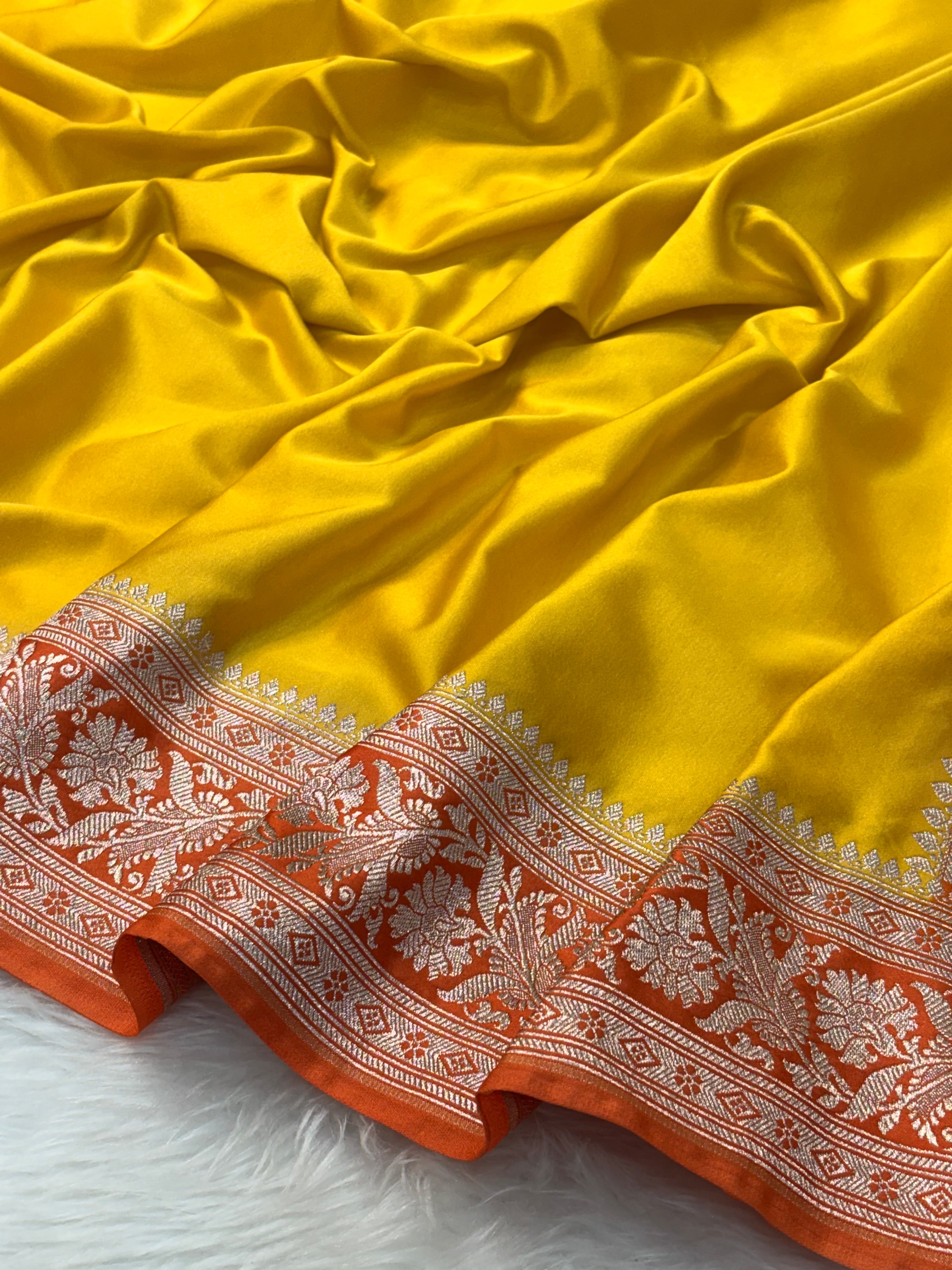 Yellow Pure Banarasi Mashru Katan Silk Saree