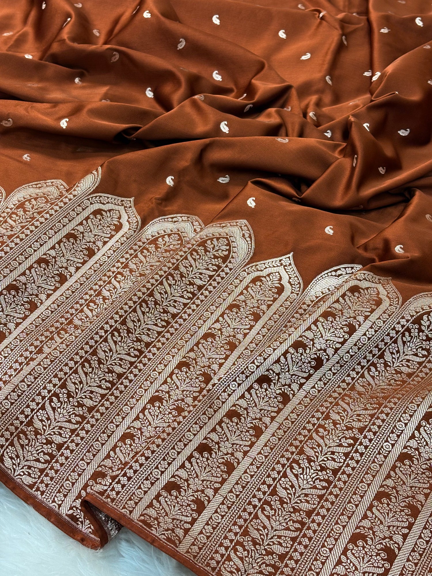 Brown Pure Banarasi Mashru Katan Silk Saree