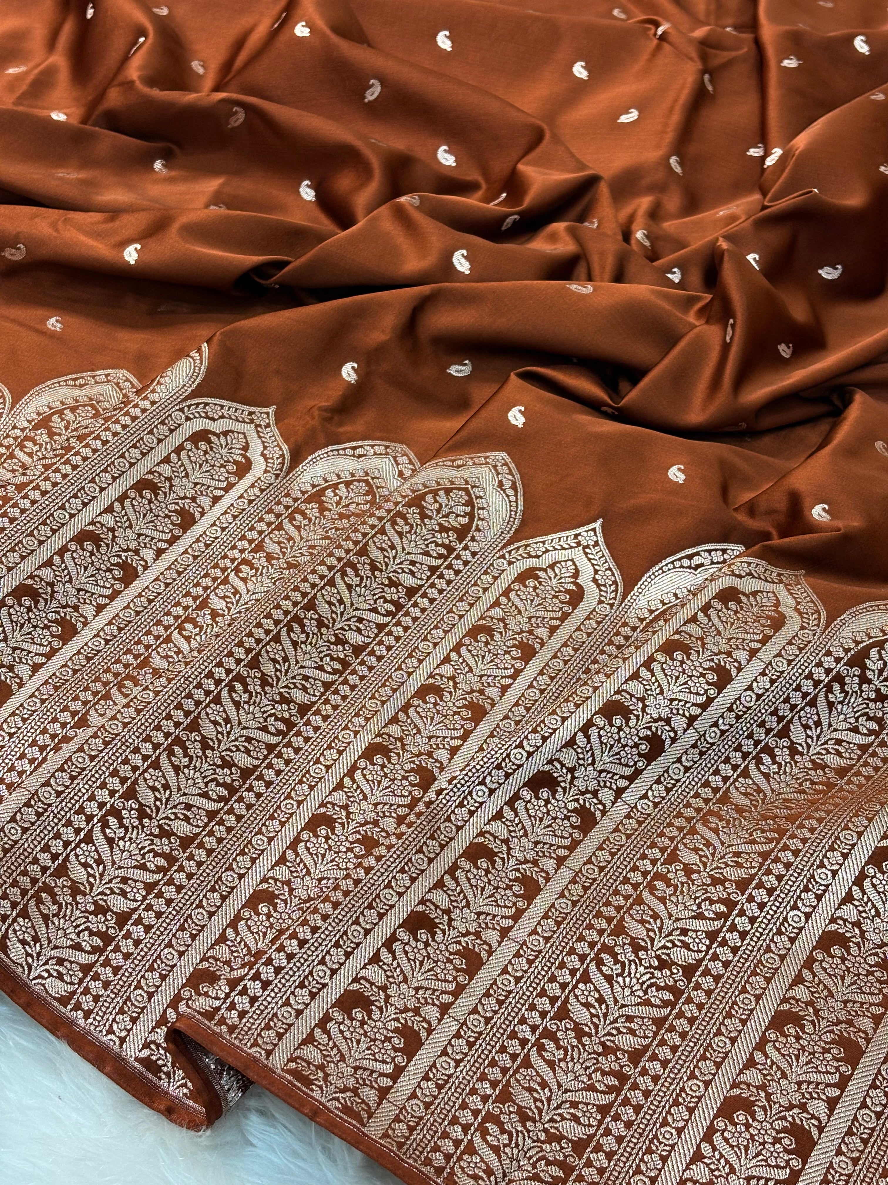 Brown Pure Banarasi Mashru Katan Silk Saree